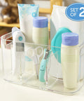 Straight Up The Best Five Compartment Makeup Storage Organizer Set Of Two Clear BPA Free Plastic Vanity Caddy with beauty products.