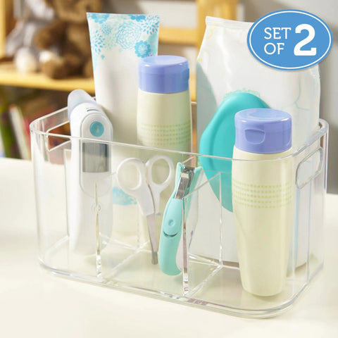 Straight Up The Best Five Compartment Makeup Storage Organizer Set Of Two Clear BPA Free Plastic Vanity Caddy with beauty products.