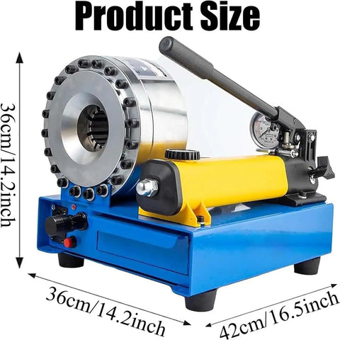 Top Tier Manual Hydraulic Hose Crimping Machine With Seven Quick Change Dies And Magnetic Jaw, 42 cm long, steel build.