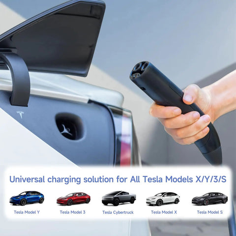 Ready To Roll Tesla Charger And Electric Vehicle Wall Plate Level 1 And 2 Portable Ev Plug 5 Meter Wire 16 Amp 3.6Kw Adjustable Juice With Standard Nema Outlets For Your Daily Driver, charging cable in hand at vehicle.