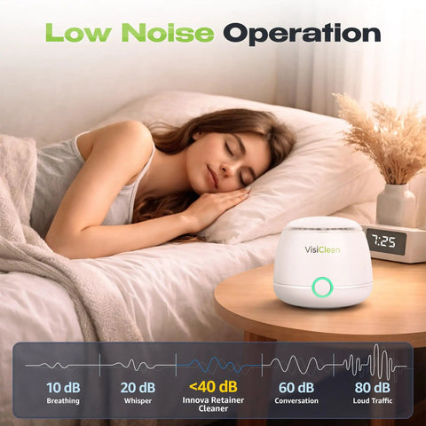 Woman sleeping beside Ultrasonic Retainer Cleaner For Aligners Night Guards Dentures And Mouthguards Plus Jewelry Watches Glasses And Coins Deep Cleaning At 45000 Hz
