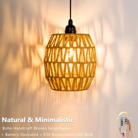2 Pack Battery Operated Handwoven Natural Rattan Chandeliers Egg Shaped Boho Pendant Lights with warm light in close-up view.