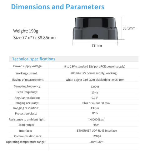 2D LiDAR Sensor S2E 360 Degree Scan 30 Meter Range Ethernet UDP Interface ROS and ROS2 Compatible Obstacle Avoidance