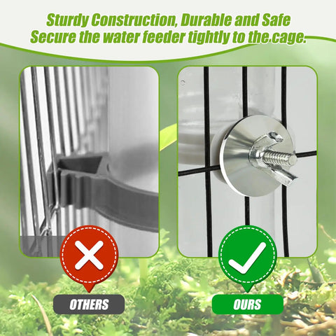 Comparison image of Two Pack Automatic Bird Cage Water Dispenser With Leak Proof Build For Parakeets showing secure mounting features.