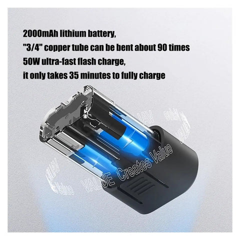 Hiedmeil Electric Copper Pipe Bender Rechargeable Tube Bending Tool For HVAC showing 2000mAh lithium battery with charge details.