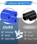 Blue Silicone Vacuum Tubing Hose For Automotive Use 10 Feet Long Three Sixteenth Inch Inner Diameter Two Millimeter Wall Thickness Beefed Up High Temp Boost Turbo Line For Cars Trucks Marine And Aircraft 130 PSI Max shown in a comparison with a black hose, highlighting sleek and odorless features.