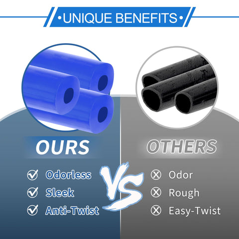 Blue Silicone Vacuum Tubing Hose For Automotive Use 10 Feet Long Three Sixteenth Inch Inner Diameter Two Millimeter Wall Thickness Beefed Up High Temp Boost Turbo Line For Cars Trucks Marine And Aircraft 130 PSI Max shown in a comparison with a black hose, highlighting sleek and odorless features.