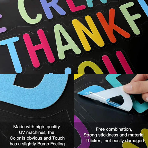 Colorful letters wall decals with UV machine-made quality and strong stickiness, showcasing detailed texture and peeling feature.