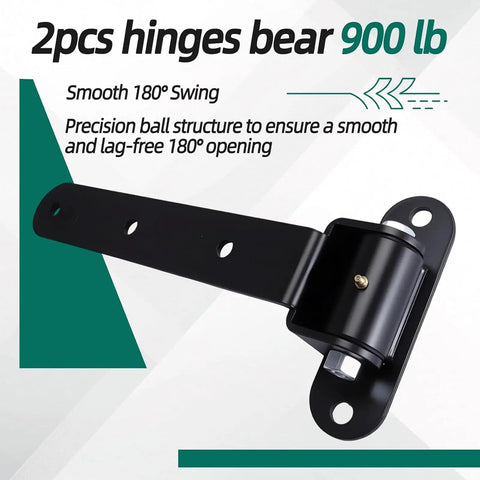 Two Piece Heavy Duty Gate Hinges Set For Wooden Fences And Barn Gates Built Tough 180 Degree Swing Supports Up To 900 Lbs Per Pair Durable Hardware For Yard Gates. Black steel 13-inch gate hinge with 180° swing, 900 lb capacity