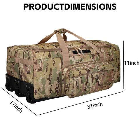 Duffle bag Amazon 120L camouflage rolling with front zip pocket and 3-wheeled base