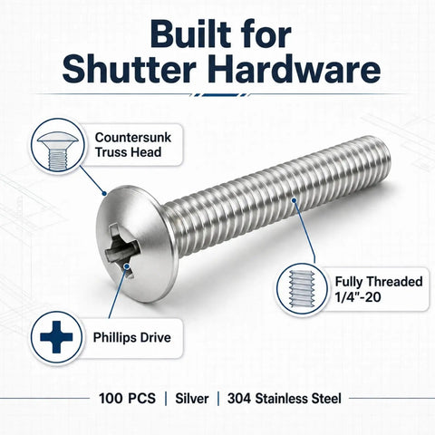 Hardcore Marine Grade 304 Stainless Steel Hurricane Shutter Fasteners 100 Piece Bulk Pack 1/4 Inch 20 X 3/4 In heavy duty screw with truss head.