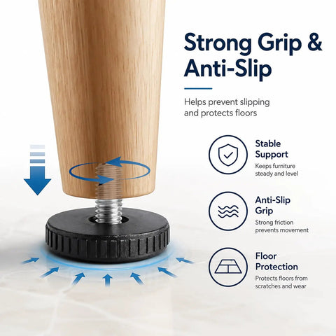 Heavy Duty Adjustable Furniture Levelers 12 Pack With Durable Rubber Anti Slip Bottoms attached to a wooden table leg for stability.