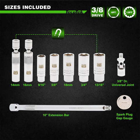 10 Piece Three Eighth Inch Drive Magnetic Spark Plug Socket Set With Swivel Head And Universal Joint Includes Nine Sixteenths, Five Eighths, Three Quarters, Thirteen Sixteenths, 14mm, 16mm, 18mm Chrome Vanadium Sockets displayed with accessories.