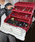 Four Layer Portable Tool Box With Hardware Storage Case Plastic Organizer in use, red/gray, showing open compartments with tools.