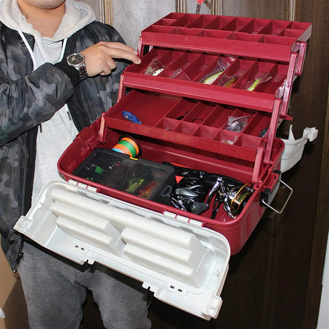 Four Layer Portable Tool Box With Hardware Storage Case Plastic Organizer in use, red/gray, showing open compartments with tools.
