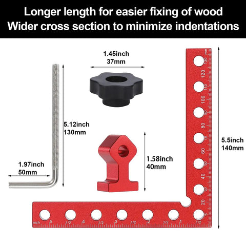 Heavy Duty 90 Degree Corner Clamps For Woodworking 4 Pack 5.5 Inch Aluminum Right Angle Squares with various accessories.