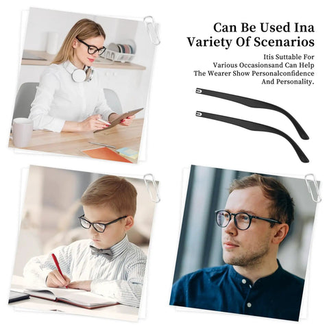 Top Tier Glasses Arm Replacement Set For Everyday Spectacles, 140mm nylon arms shown with users in various settings.