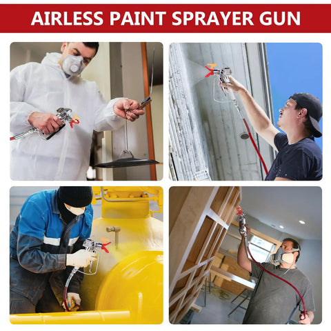 Four people using Airless Paint Spray Gun High Pressure 3600 PSI With Reversible 517 Tip Swivel Joint Pro Grade 1/4 Inlet