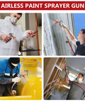 Collage of users painting with Airless Paint Sprayer Gun 3600 PSI With Reversible 517 Tip Swivel Joint 10 Inch Extension Pole.