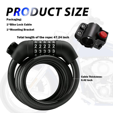4ft 5 Dial Resettable Bike Lock Cable With Quick Release Mount, anti-cut, 47.24in length, 0.42in thick, combo lock and bracket