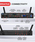 Front and back panel of Digital Wireless Microphone System With Bluetooth showing input, output, and control options.