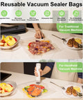 Demonstration of Reusable Vacuum Seal Bags 50pc With Clips 3 Sizes M L XL For Meal Prep Storage with food inside.
