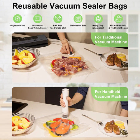 Demonstration of Reusable Vacuum Seal Bags 50pc With Clips 3 Sizes M L XL For Meal Prep Storage with food inside.