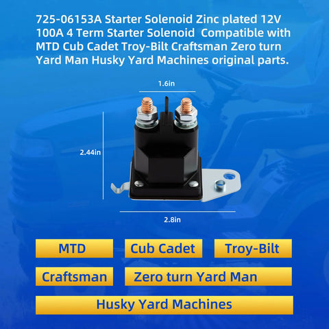725-06153A starter solenoid relay, zinc-plated 12V, front view with mounting bracket and two terminal studs