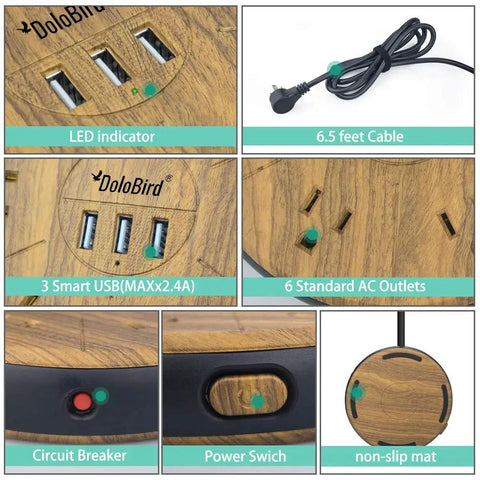 Power Strip With Surge Protector 6 AC Outlets And 3 USB Ports Charging Hub Long Extension Cord Right Angle Flat Plug details