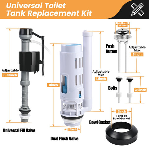 2 Inch Dual Flush Valve Replacement Kit For Two Piece Toilets With Push Button Fill Valve Gasket And Bolts Easy Install