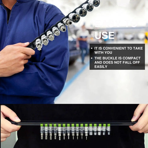Person holding 9 Piece Socket Organizer Set For 1/2, 3/8, And 1/4 Inch Drives In Green ABS Rail Holder With Heavy Duty Clip Rails.
