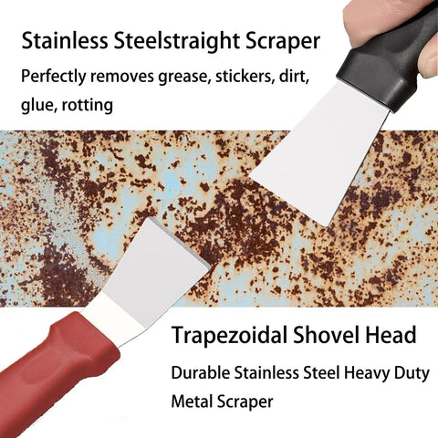 Stainless steel and trapezoidal scrapers from 7 Piece Multi Purpose Crevice Cleaning Brush Set for stubborn kitchen grime.