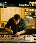 Technician using Type C Inductance Tester For Motherboard Coils in workshop, surrounded by diagnostic tools and electronics.