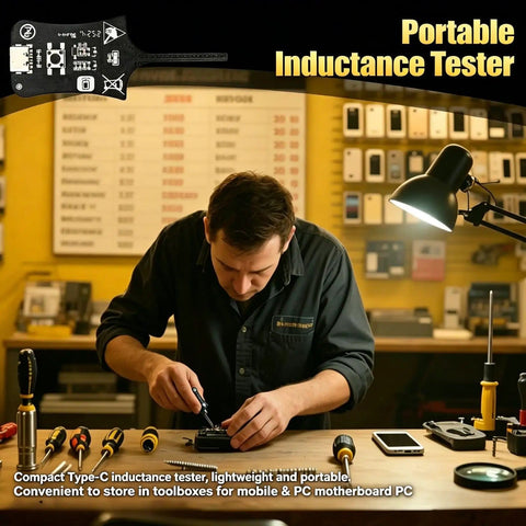 Technician using Type C Inductance Tester For Motherboard Coils in workshop, surrounded by diagnostic tools and electronics.