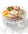 Five Compartment Chilled Serving Lazy Susan With Secure Hinged Lid, Divided Plastic Condiment Caddy For Shrimp Buffets with food and trays