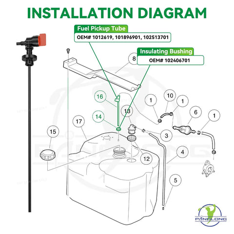 Installation diagram of Club Car Fuel Pickup Tube Kit With Shutoff Valve And Tank Bushing For DS And Precedent Gas Golf Carts, Fits 1982 to 2015 DS Models and 2004 to 2011 Precedent Gas OEM Numbers 101896901 1012619 102406701
