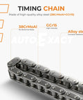 Beefed Up Engine Timing Chain Kit With Sprocket Tensioner For 2007 Through 2019 Buick Chevy Express Silverado Suburban Cadillac Escalade GMC Sierra Yukon Pontiac Hummer Replacement 3 Pieces 12556582 made of 38CrMoAl and GCr15 steel highlighting alloy composition