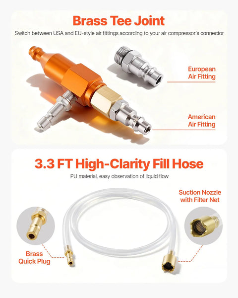 Universal Radiator Vacuum Refill Kit With Precision Gauge And Steel Tool Chest showing brass tee joint and 3.3 ft clarity fill hose.