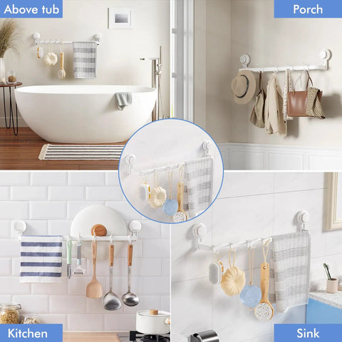 Image showing Suction Cup Towel Bar 24 Inch Adjustable No Drill Removable Wall Mounted Towel Rack With 5 Sliding Hooks used in different rooms like bathroom, porch, kitchen, sink on tile walls.