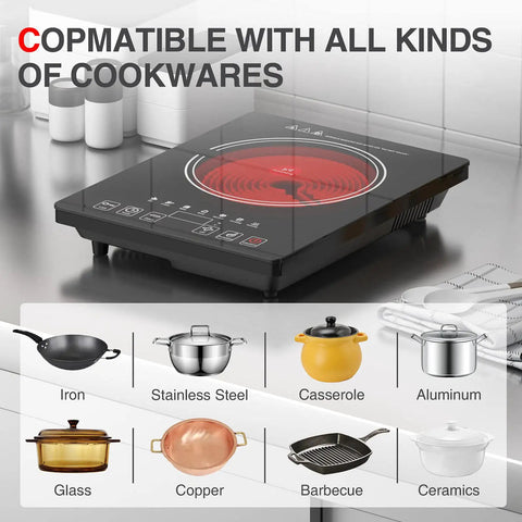 Portable 1800W Electric Cooktop With LED Touch Screen single burner stove compatible with all cookware types displayed