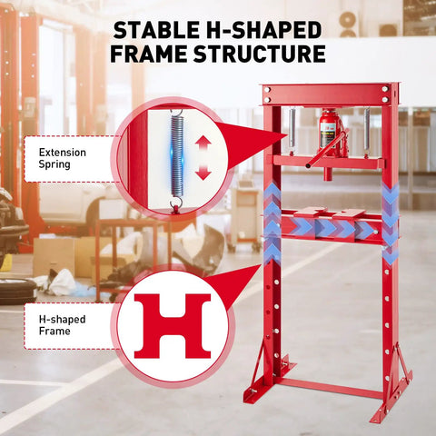 Tough As Nails 20 Ton Hydraulic Press H Frame Shop Workhorse With Adjustable Base, showing H-shaped frame and extension spring.