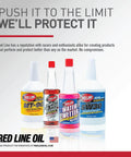 Red Line Oil products including MT-90, Complete Fuel System Cleaner, and 5W30 with the slogan 'Push it to the limit, we'll protect it'.