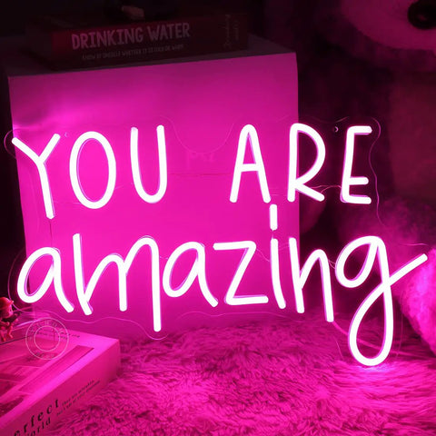 Pink You Are Amazing LED Neon Light Sign for wall decor, bedrooms, living rooms, bars, 16.9 by 10.6 inches USB powered, table display