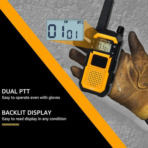 Badass Portable Waterproof Two Way Radio Featuring Rock Solid IP67 Protection And Snappy USB C Charging built tough for outdoor use, showing backlit display and gloves.