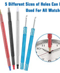 Five color-coded tools from Round Leather Movement Holder With Cushion and Six Piece Watch Hand Tool Kit for watch repairs.