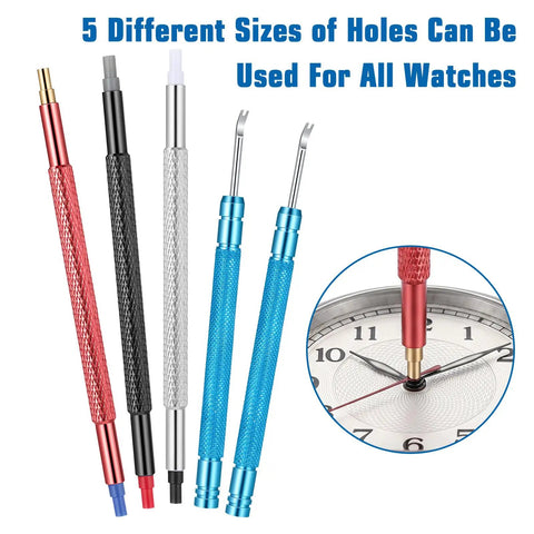 Five color-coded tools from Round Leather Movement Holder With Cushion and Six Piece Watch Hand Tool Kit for watch repairs.