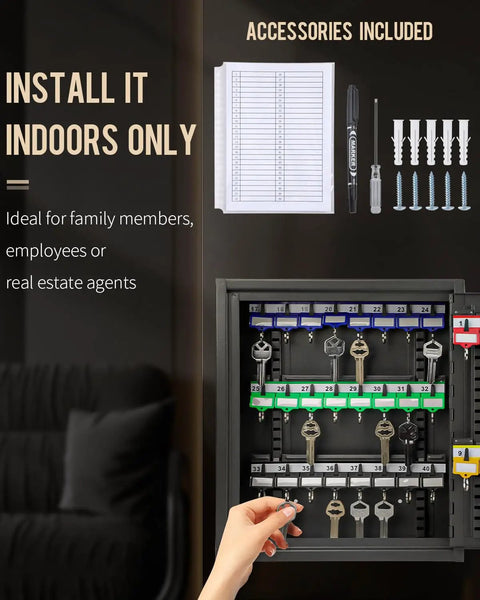 40 Position Key Cabinet With Resettable 3 Digit Combination Lock, Steel Key Organizer with keys, hooks, and log sheet displayed.