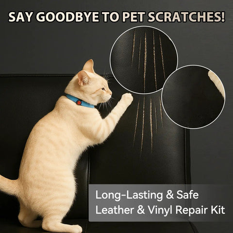 Leather Repair Kit For Cars And Home Furniture, Fast Drying Liquid Compound To Fix Scratches Tears And Burns on black leather with cat scratching.