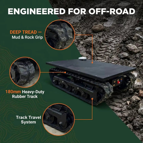 Ultra Heavy Duty Electric Transport Dolly With Remote Control For Moving Machinery Safely And Smoothly On Any Job Site Without Breaking A Sweat Today, showcasing deep tread and rubber tracks.