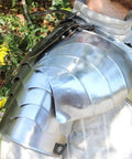 Medieval Knight Armor Set Complete With Spaulders Gorget Vambraces And Pauldrons One Size Handmade In Silver armor shoulder close-up